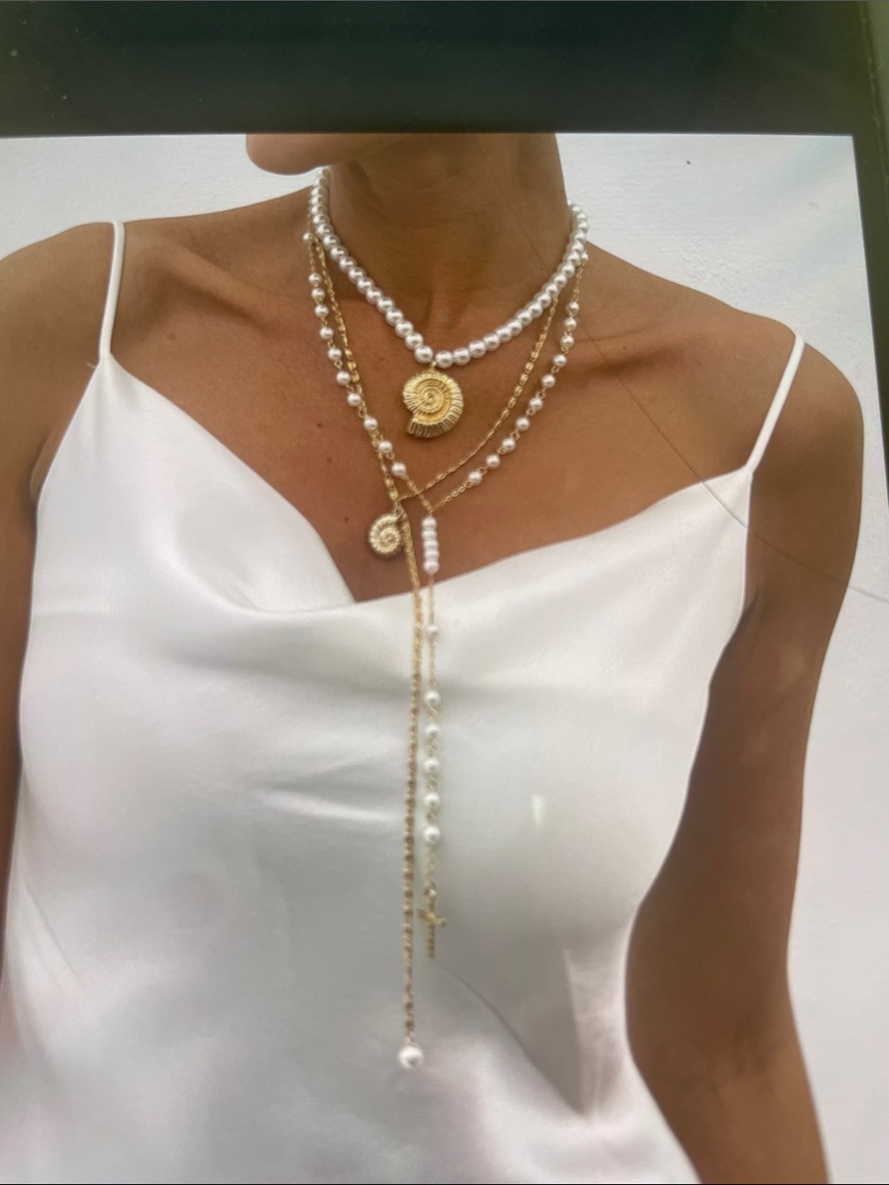 Gold and White Pearl Layered Necklace Set - Elegant Shell Medallion